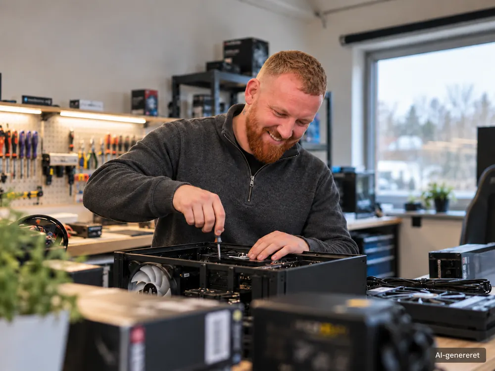 Kasper i værkstedet i Nyborg, hvor PC'er samles og testes